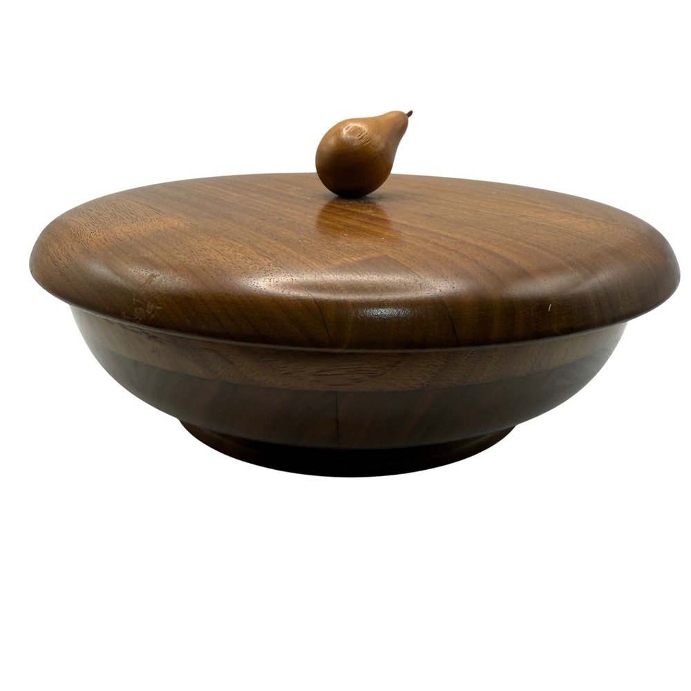 Vintage Solid American Walnut Lidded Bowl with Pear Finial Mid Century Modern
